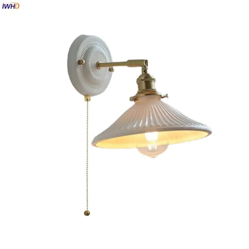Vintage ceramic led wall lamp with white ridged ceramic shade and brass hardware for bedroom decorbites ceramic led wall use