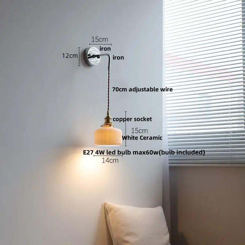 Vintage ceramic led wall sconce with white ceramic shade copper socket and iron bracket for bedroom decorbites ceramic led