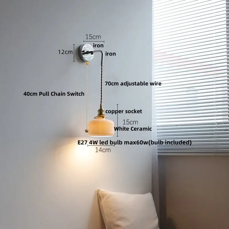 Vintage ceramic led wall sconce with white ceramic shade brass accents and adjustable copper socket for bedroom decorbites ceramic led wall