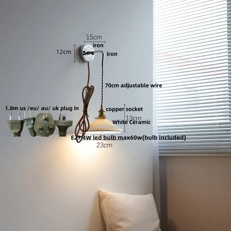 Vintage ceramic led wall sconce with white ceramic shade, brass accents, and adjustable copper wire for bedroom decorbites ceramic led