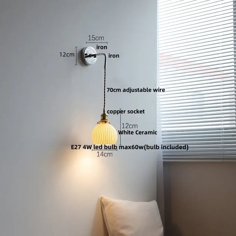 Vintage ceramic led wall sconce with ribbed white glass shade and adjustable copper socket for bedroom decorbites ceramic led wall