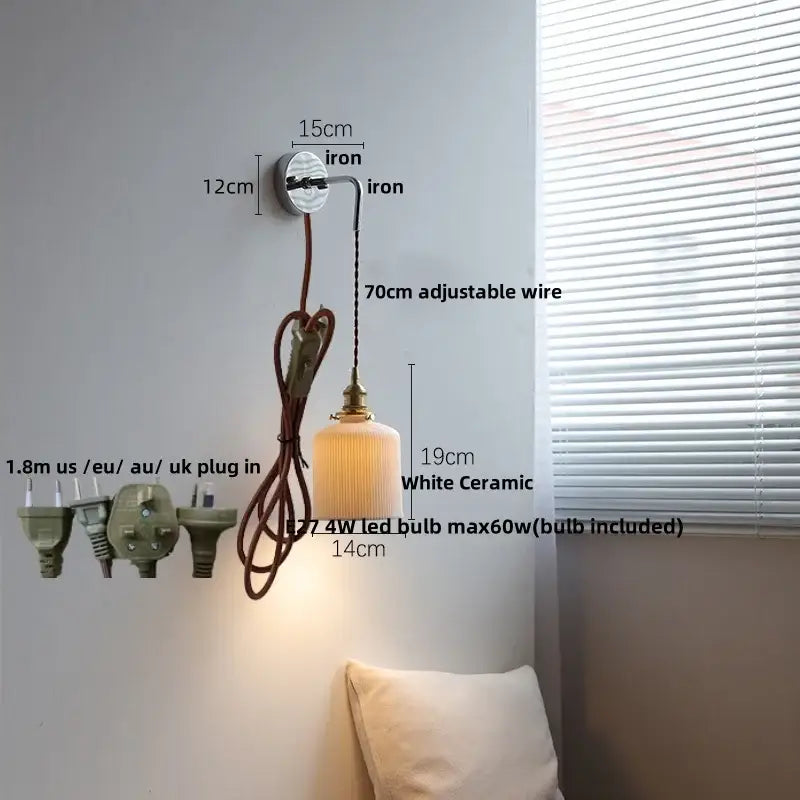 White ceramic led wall sconce with brass-finished metal fixture and adjustable wire for bedroom decorbites ceramic led wall