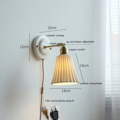 Vintage ceramic wall lamp with fluted cream ceramic shade brass copper arm and white ceramic canopy for bedroom decorbites ceramic wall