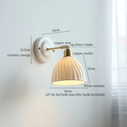Vintage ceramic wall sconce with white ribbed dome shade and copper arm for bedroom decorbites ceramic wall lighting