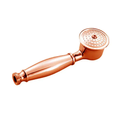 Rose gold finish handheld showerhead with sleek handle and circular nozzles paired with vintage shower hand holder