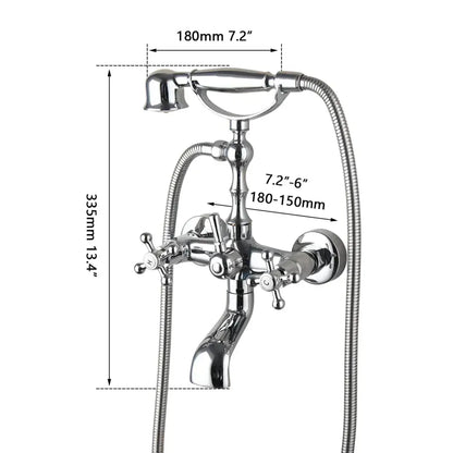 Vintage chrome brass bathroom faucet set with hand shower featuring three cross-handle controls and flexible hoses