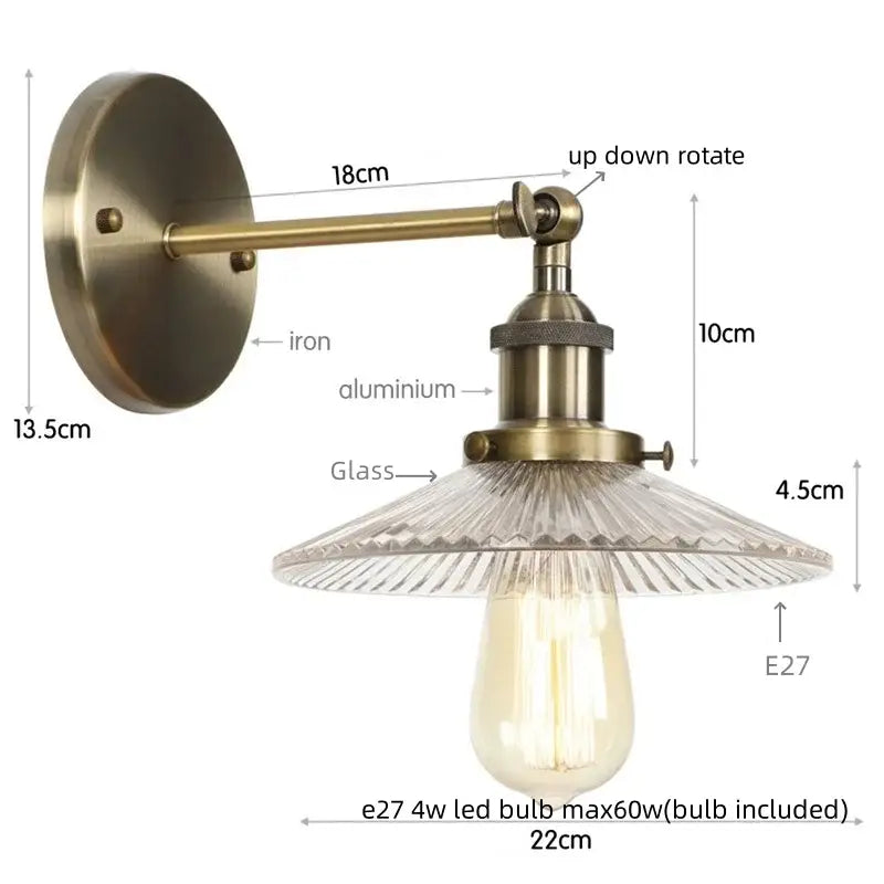 Antique brass-finished wall light with textured glass shade and exposed edison bulb from decorbites chrome led wall collection