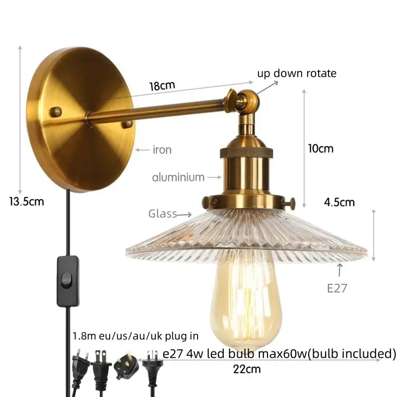 Brass-finished wall light with textured glass shade and exposed edison bulb decorbites chrome led wall sconce for bedroom