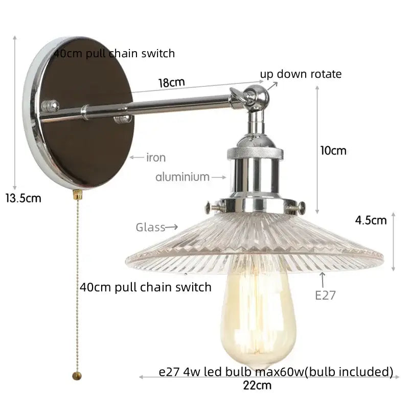 Vintage chrome led wall light featuring adjustable chrome finish and faceted glass shade with edison bulb decorbites chrome led