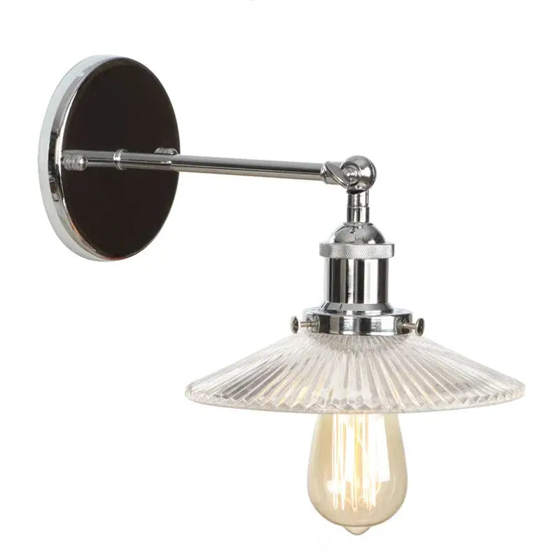 Vintage chrome led wall light featuring a chrome finish ribbed glass shade and exposed filament bulb for bedroom decorbites chrome led wall