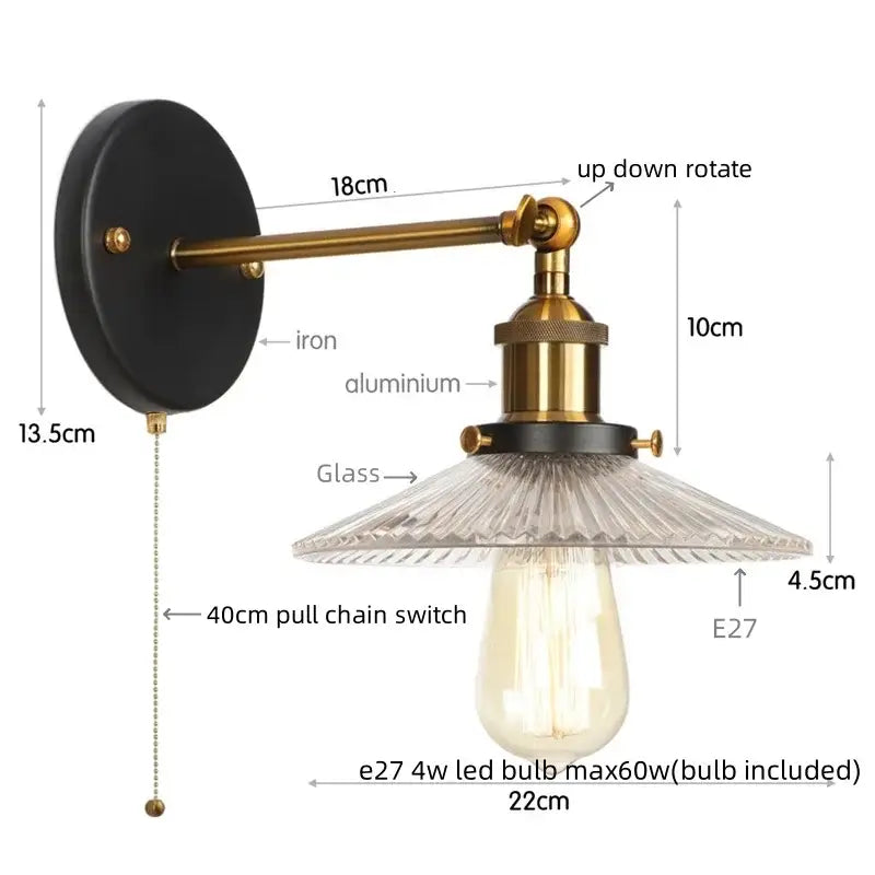Vintage-style brass and black wall light with a faceted textured glass shade decorbites chrome led wall fixture