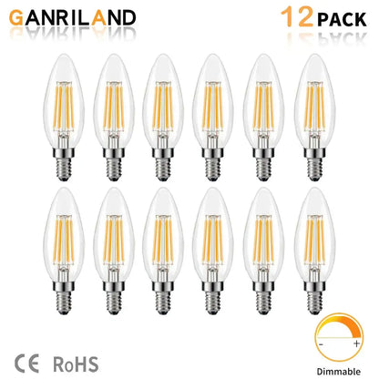 Vintage clear glass led candle bulb 12 pack with warm yellow filament and silver metal base for dining room use