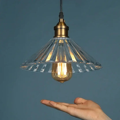 Vintage clear stripe glass hanging light with brass fixture and exposed filament bulb for dining room decorbites clear stripe