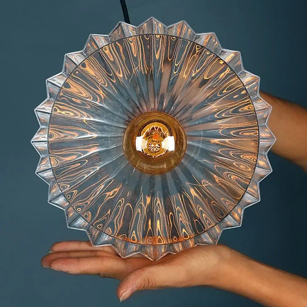 Vintage clear stripe glass hanging light with scalloped sunburst design and amber bulb for dining room decorbites clear stripe