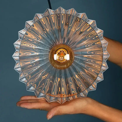 Vintage clear stripe glass hanging light with scalloped sunburst design and amber bulb for dining room decorbites clear stripe