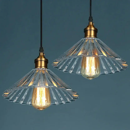 Two vintage-style brass pendant hanging lights with clear stripe fluted glass shades for dining room decorbites clear stripe