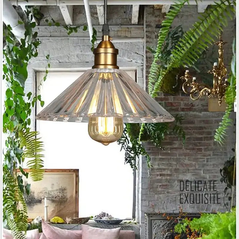 Vintage clear stripe glass hanging light with brass metal fixture and exposed edison bulb for dining room decorbites clear stripe