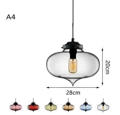 Vintage colorful glass chandelier light featuring a clear glass pendant with black metal fixture and exposed filament bulb