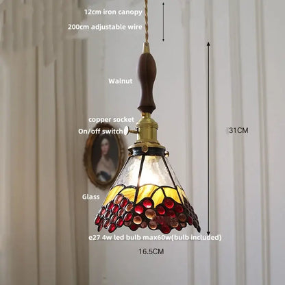 Vintage colorful glass tiffany pendant lamp with walnut iron canopy and copper socket featuring red yellow grape design decorbites colorful glass