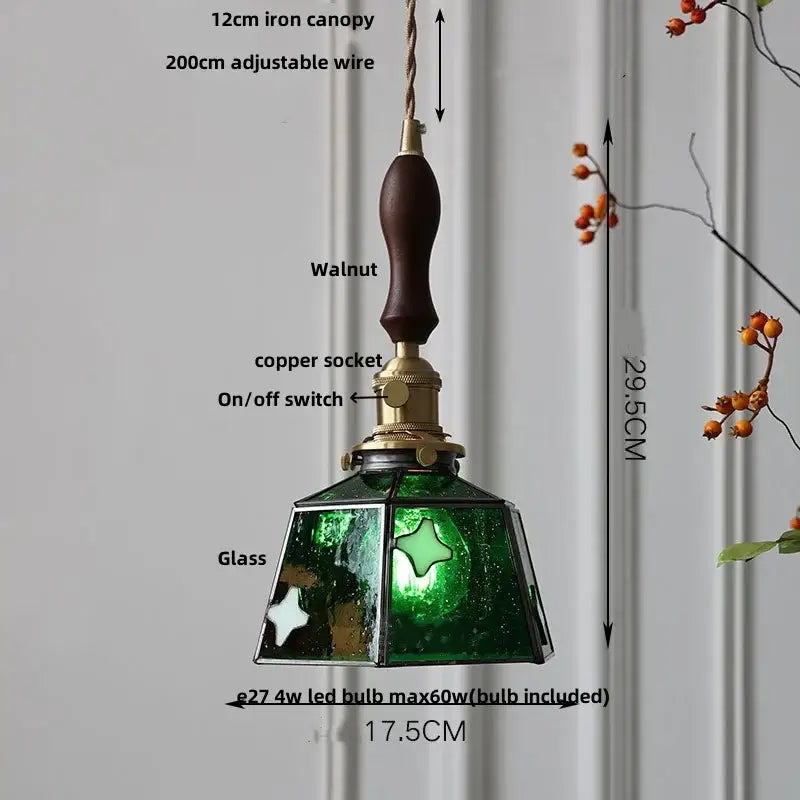 Vintage colorful glass tiffany pendant lamp with green stained glass, walnut handle, and brass accents for dining room decorbites