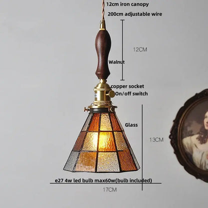 Vintage colorful glass tiffany pendant lamp with walnut iron canopy and brass socket for dining room decorbites colorful glass fixture