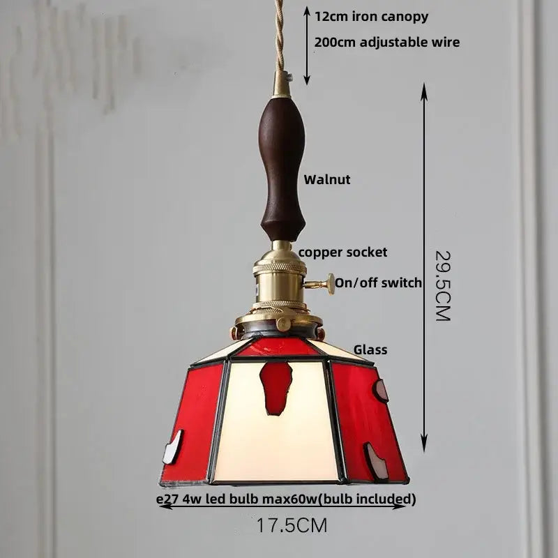 Vintage colorful glass tiffany pendant lamp with red and cream stained glass and walnut iron canopy decorbites colorful glass