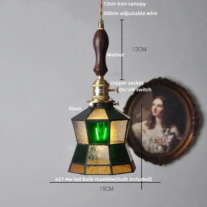 Vintage colorful glass tiffany pendant lamp with dark walnut handle and brass fittings for dining room decorbites colorful glass