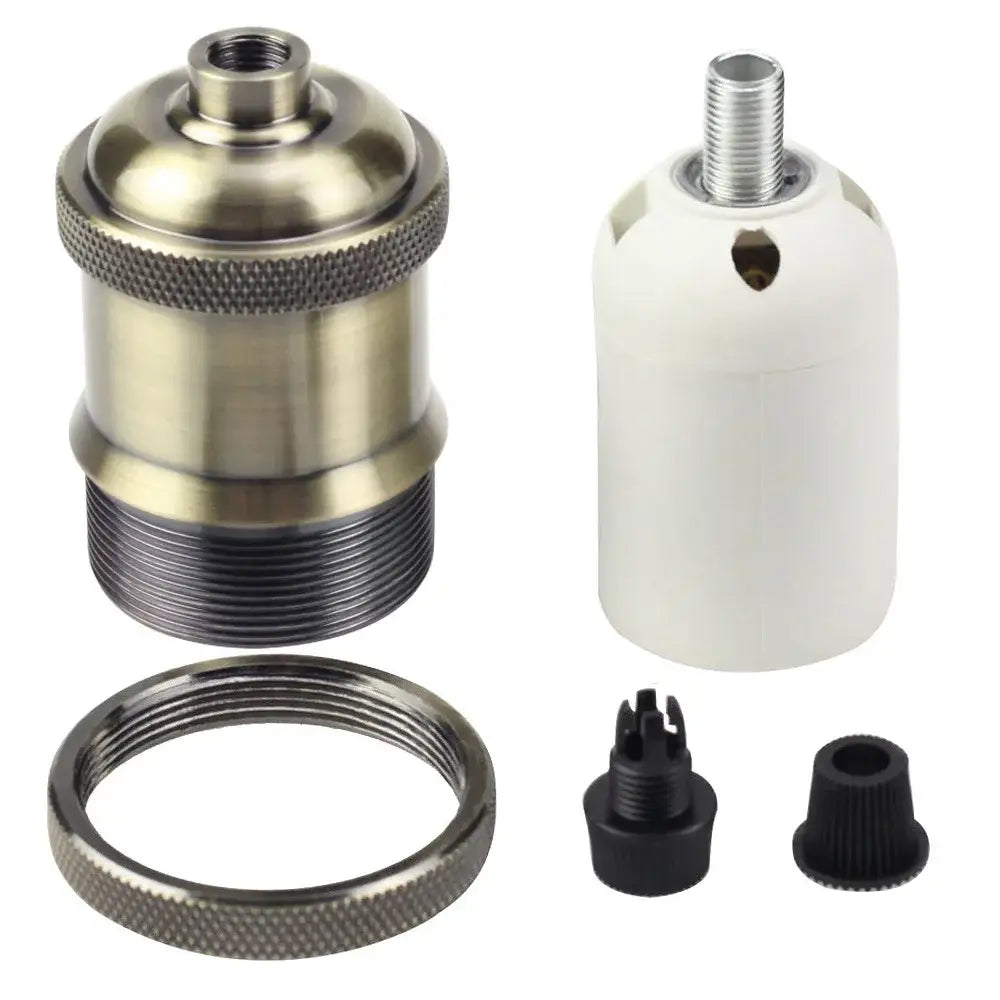 Antique brass and white ceramic e27 vintage copper chrome lamp base with textured grip rings and black plastic fittings