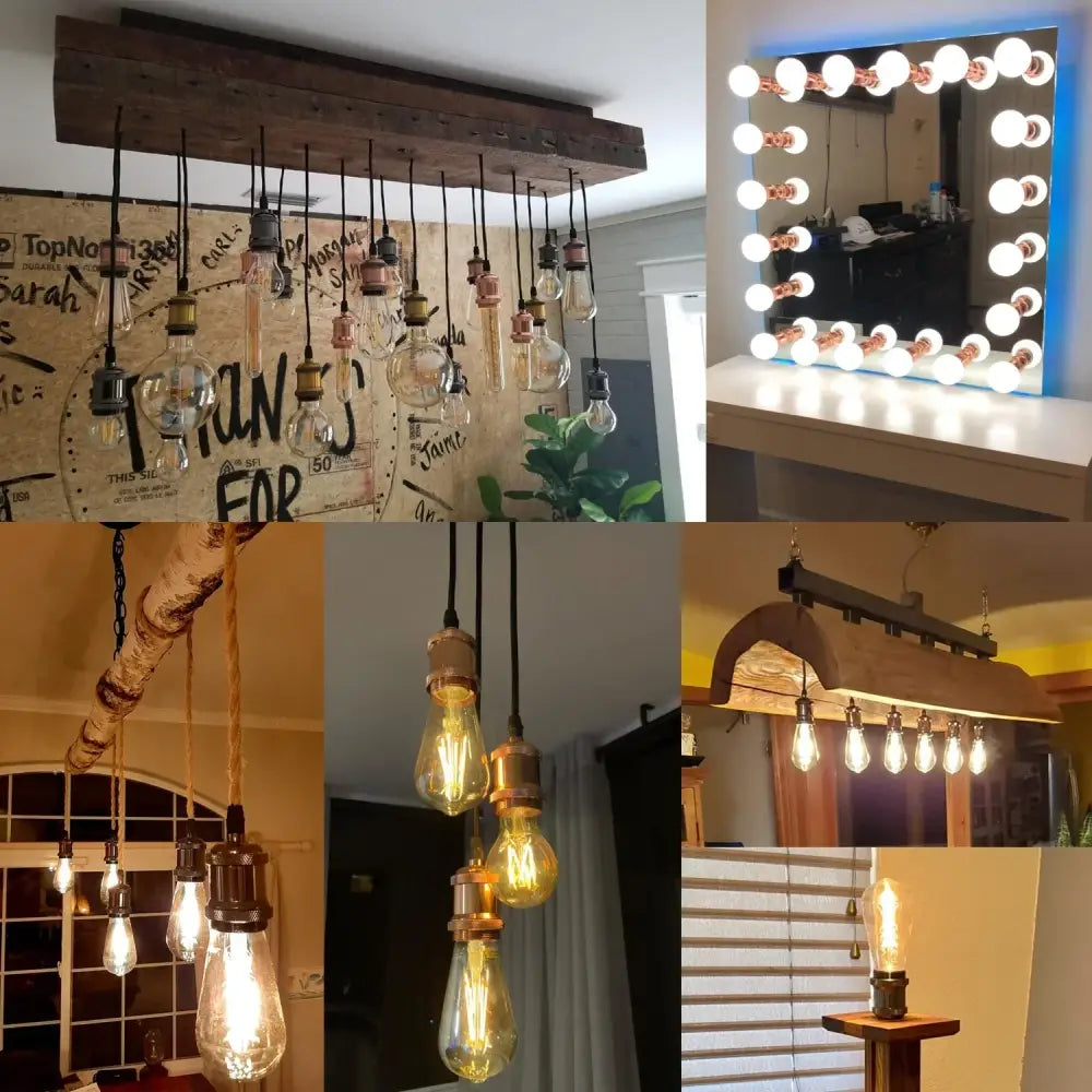 Rustic wooden beam with hanging edison bulbs and vintage copper chrome e27 lamp base for living room lighting