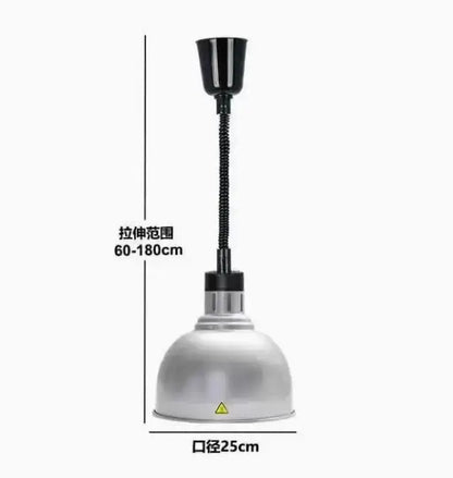 Silver dome-shaped stainless steel pendant light with black gooseneck and adjustable height for dining room lighting area