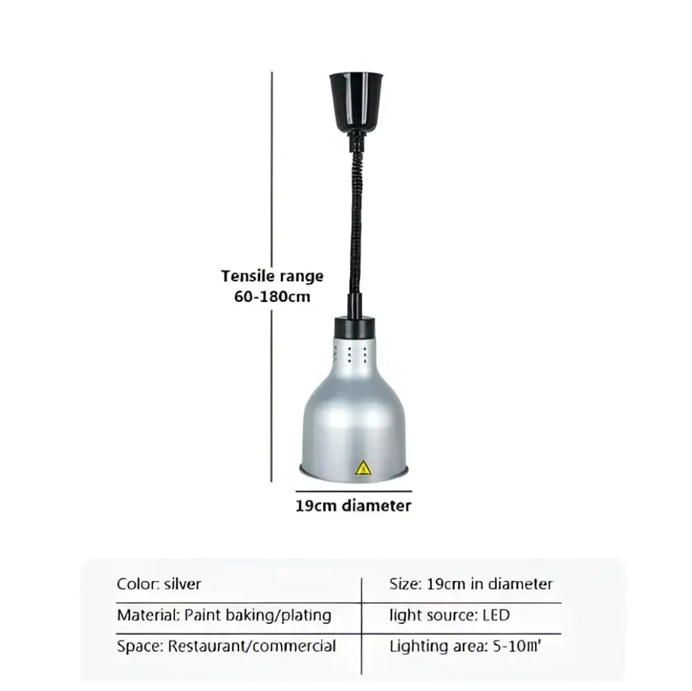 Silver stainless steel pendant light with 19cm diameter and flexible black gooseneck for dining room lighting area