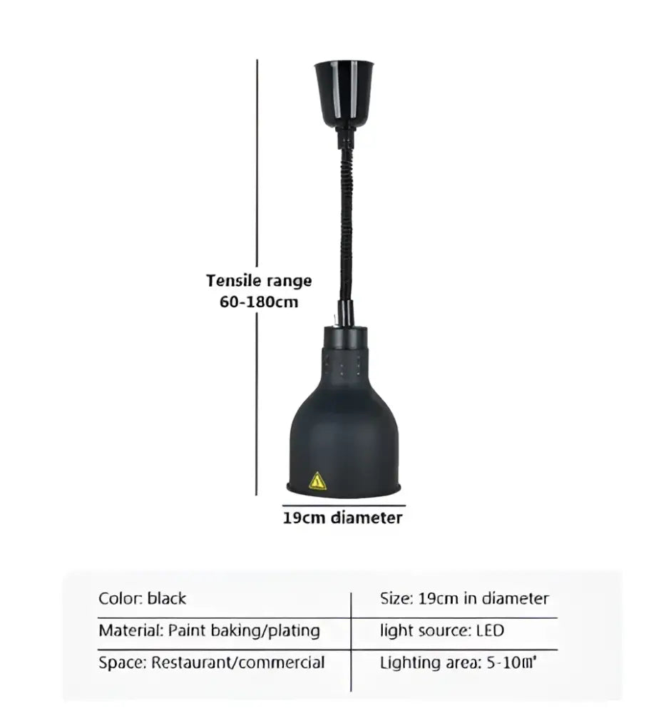 Black stainless steel pendant light with 19cm diameter led bulb and flexible gooseneck for restaurant lighting area