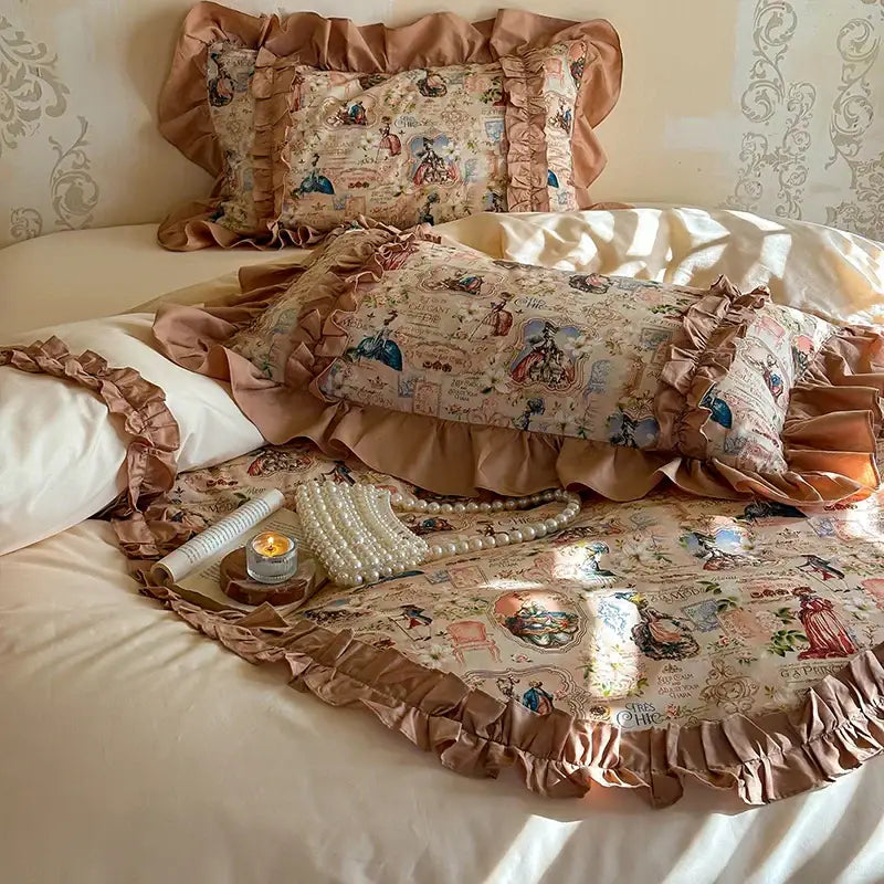 Vintage cream french print lace ruffles bedding set in beige with satin trim and vintage-style illustrations for bedroom decor