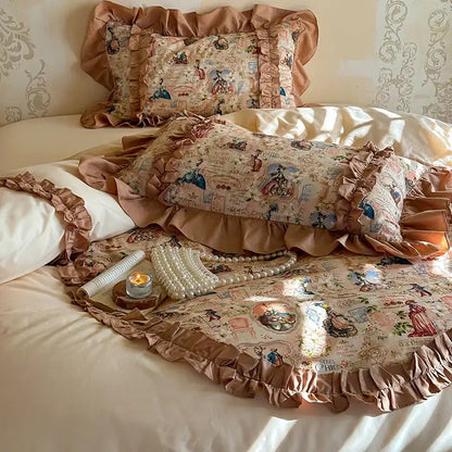 Vintage cream french print lace ruffles bedding set in beige with satin trim and vintage-style illustrations for bedroom decor