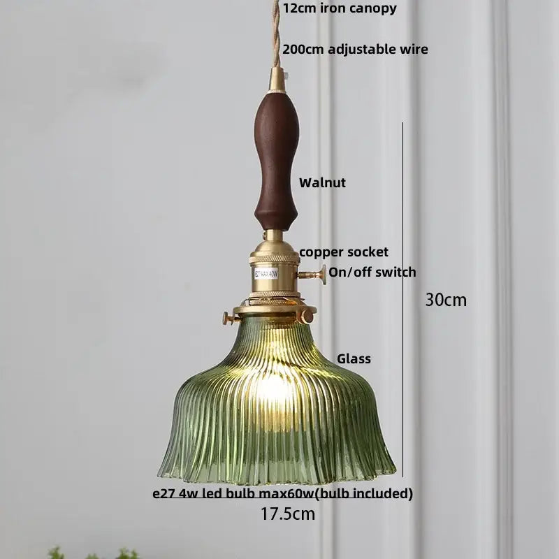 Green ribbed glass pendant light with walnut-finished iron canopy and brass hardware for decorbites adjustable led pendant lights