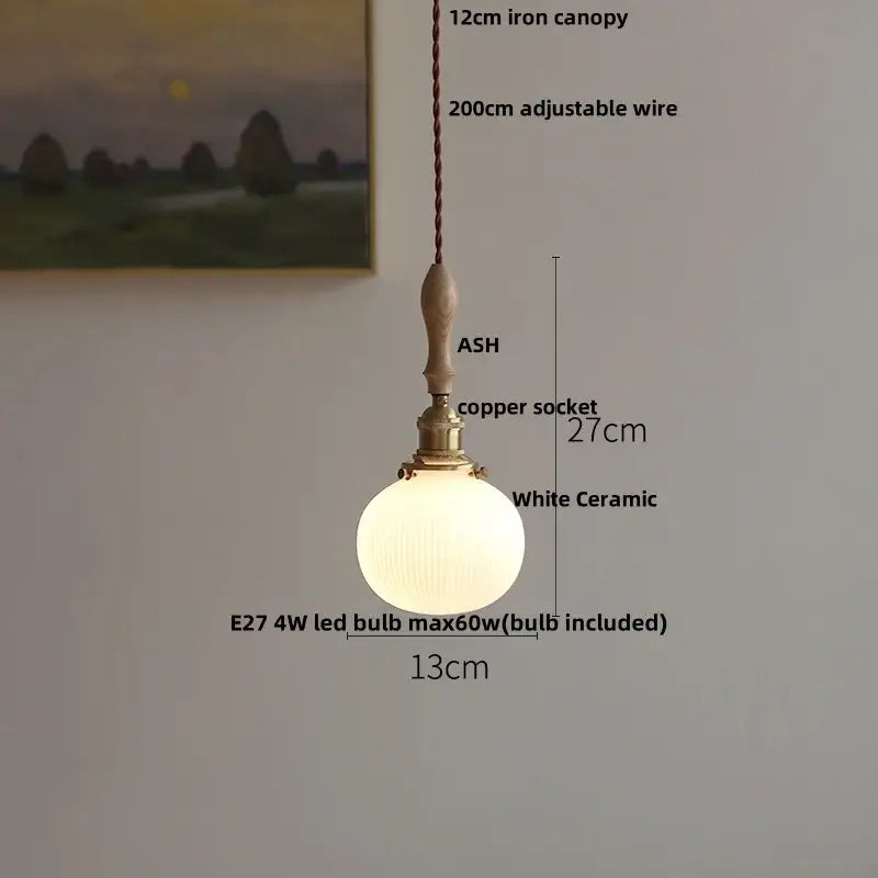 Vintage cream glass and brass adjustable led pendant light with white ceramic globe and wooden handle for dining room decorbites pendant lights
