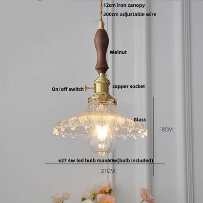 Vintage cream glass and brass adjustable led pendant light with walnut wooden handle and ornate cut-glass shade for dining room decorbites adjustable led pendant