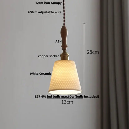 Warm white ceramic pendant lights with textured surface and ash wood iron canopy for decorbites adjustable led pendant