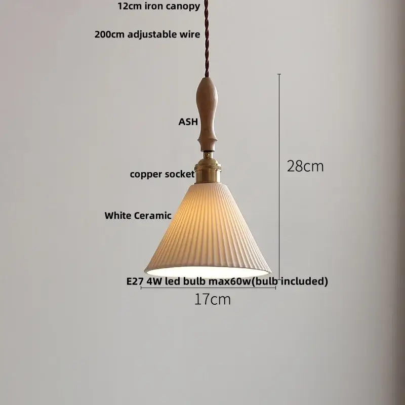 A warm-toned white ceramic adjustable led pendant light with fluted design and ash wood canopy for dining room decorbites