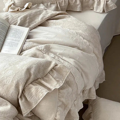 Vintage cream linen bedding set featuring jacquard lace ruffles with delicate lace trim and ruffled edges