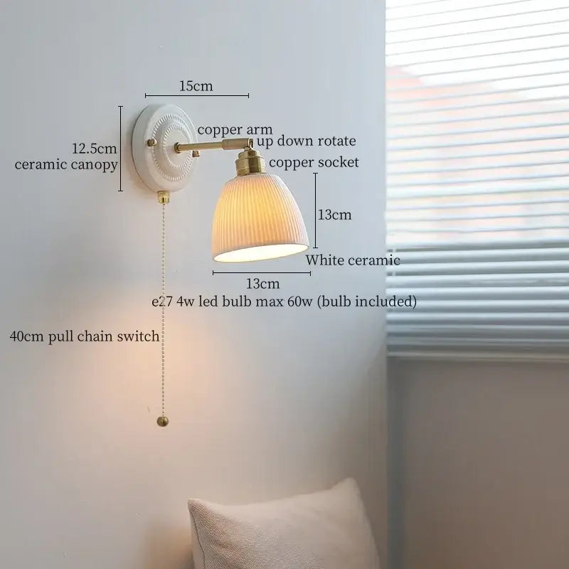 Vintage cream ribbed glass ceramic led wall lamp with white ceramic sconce and copper arm for bedroom decorbites ceramic led wall
