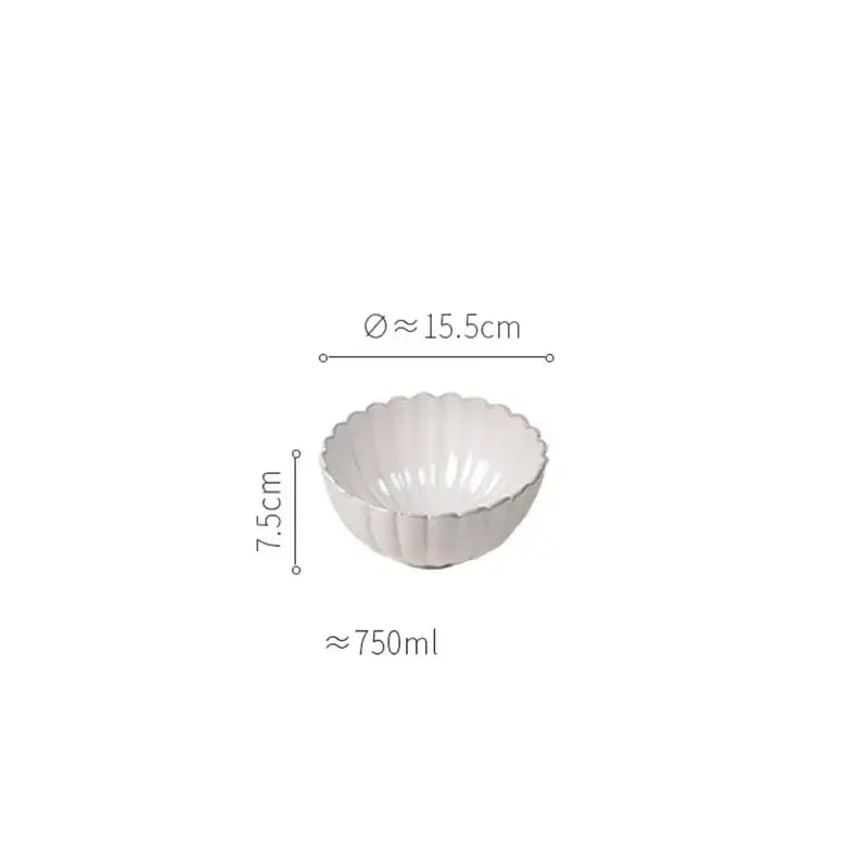 White ceramic bowl with fluted petal rim and vertical ridges from vintage cream scalloped dining table set