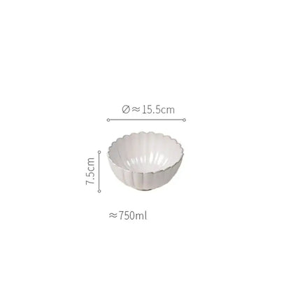 White ceramic bowl with fluted petal rim and vertical ridges from vintage cream scalloped dining table set