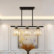 Black metal bar chandelier with three cylindrical crystal glass shades for dining room compatible with led incandescent fluorescent 220v-240v