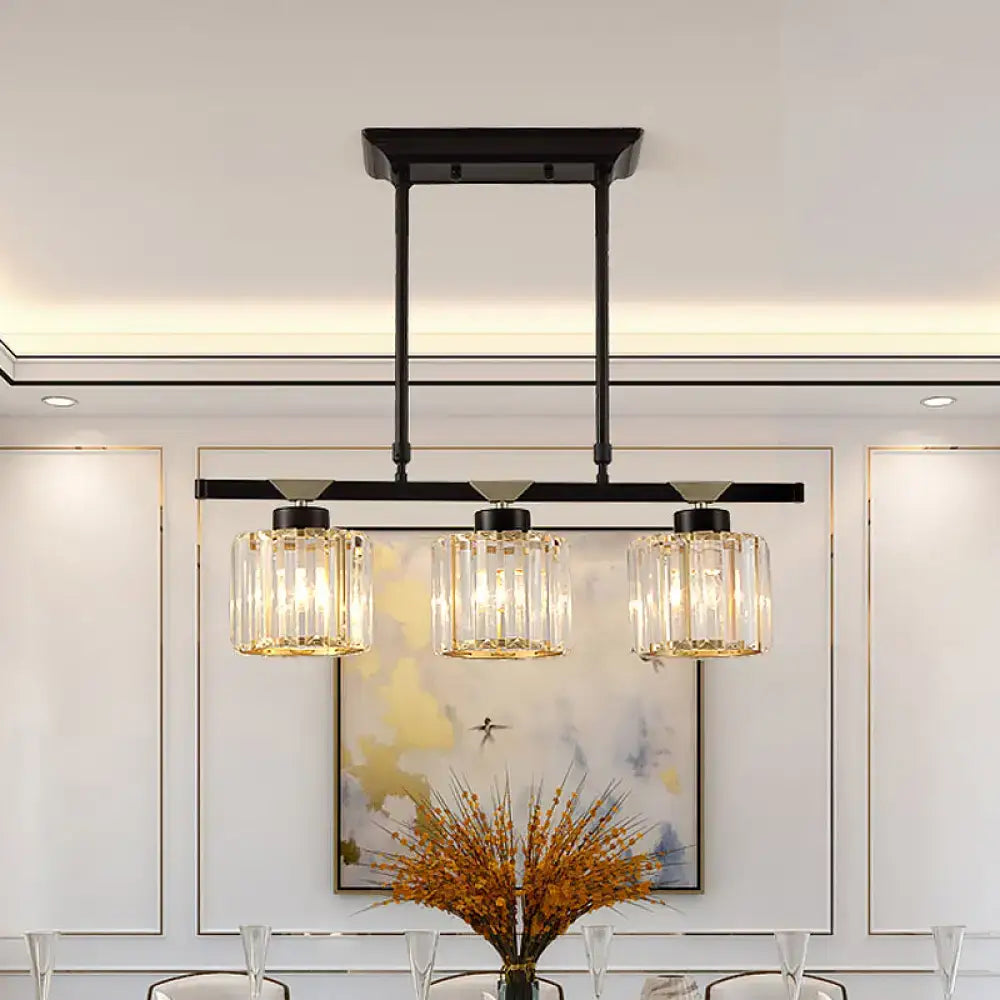 Black metal bar chandelier with three cylindrical crystal glass shades for dining room compatible with led incandescent fluorescent 220v-240v