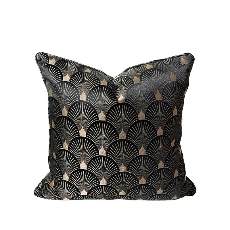 Black and gold art deco patterned decorbites fox fur cushion cover with textured fabric surface for living room decor