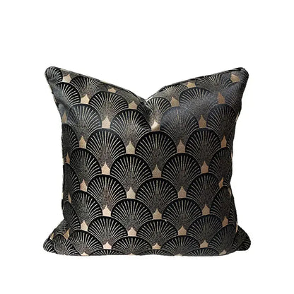 Black and gold art deco patterned decorbites fox fur cushion cover with textured fabric surface for living room decor
