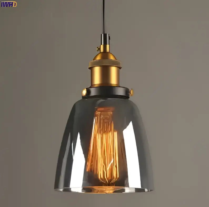 Industrial-style glass pendant lights set of 4 with dark smoked glass shades and brass-finished metal hardware for dining rooms