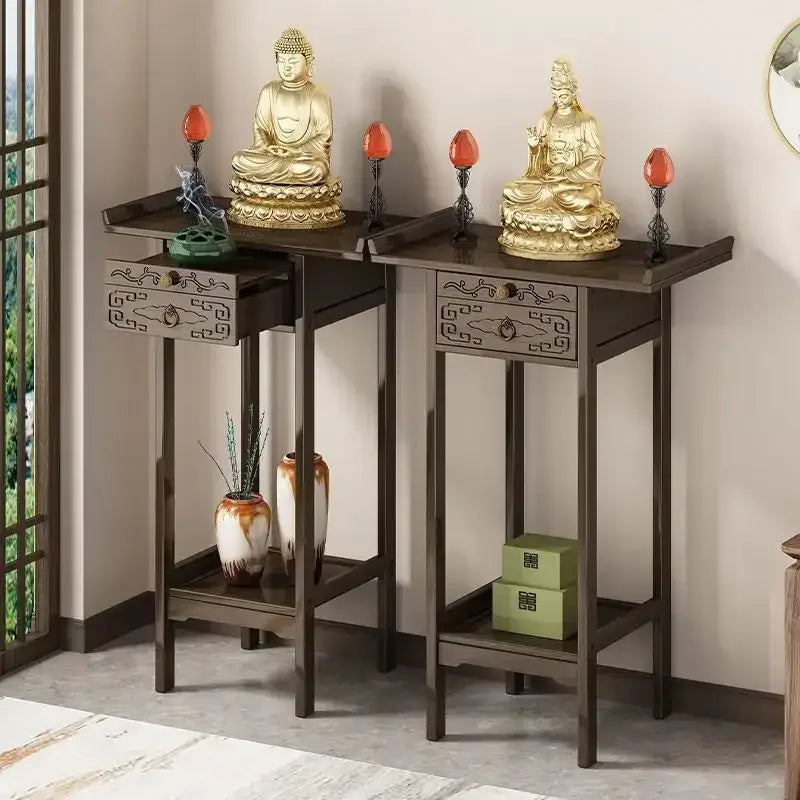 Vintage dark wood bamboo console table with ornate drawers and golden buddha decor for living room by decorbites