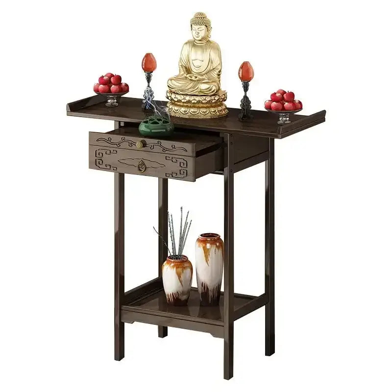 Vintage dark wood bamboo console table with ornate drawer and lower shelf featuring golden buddha statue for living room decorbites bamboo console